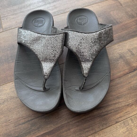 FitFlop-Lulu Glitter-Toe Thong Sandals Flip Flops Silver-Women’s Size 8 - Picture 1 of 8